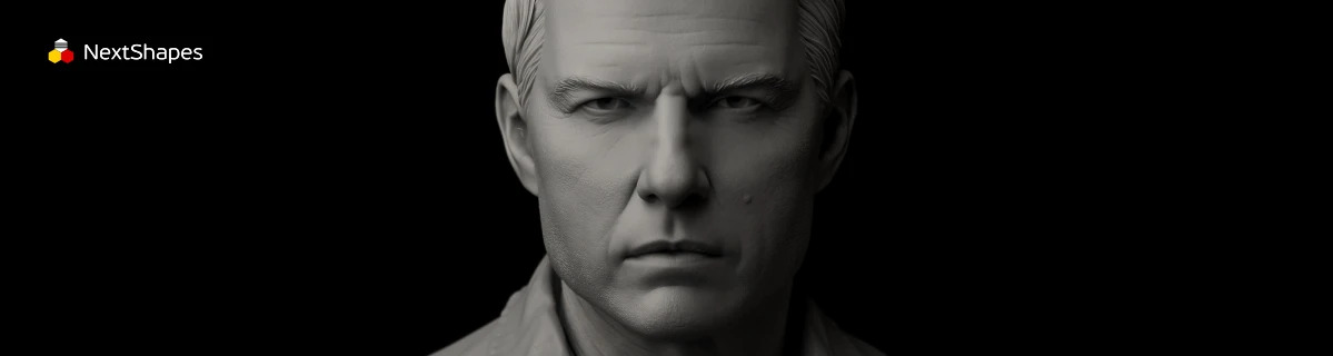 Full view of 3D printed realistic male bust made with NextShapes Standard Pro Rigid Resin, highlighting exceptional strength, durability, and compatibility with major 3D printers