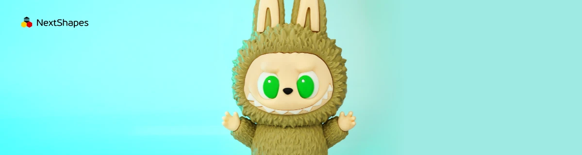 Full view of 3D printed Labubu figure made with NextShapes Standard PLA filament, highlighting zero warping, precise dimensional accuracy, and seamless self-supporting structure removal