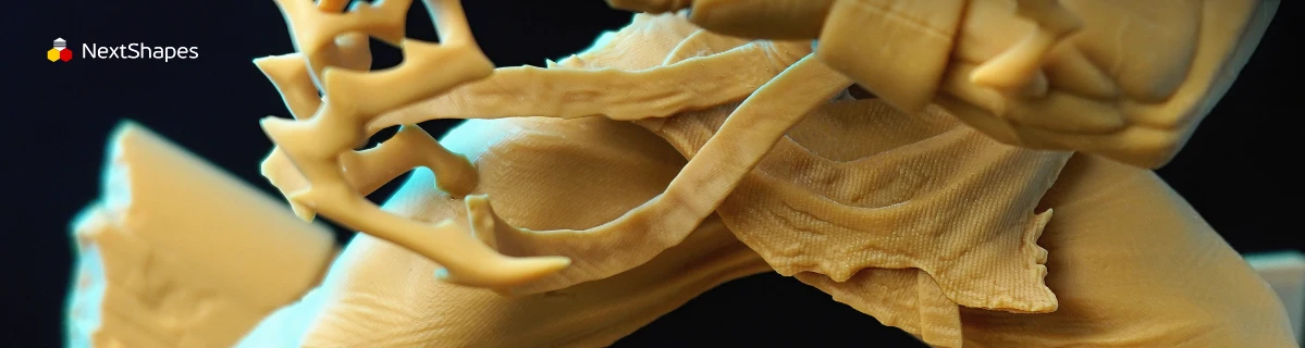 Close-up of 3D printed fighter sculpture's cloth texture made with NextShapes Standard Pro Rigid Resin, highlighting smooth surface finish, precise edge definition, and excellent toughness