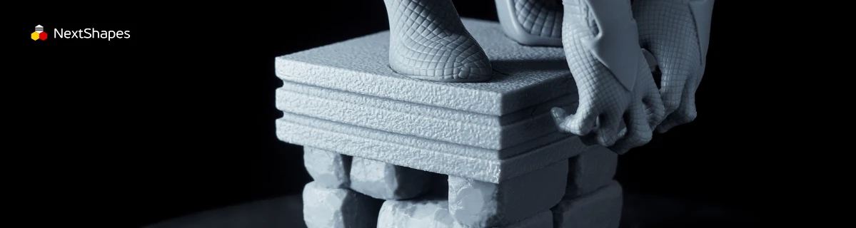 Close-up of 3D printed Spider-Man sculpture's foot details made with Magforms SL600 3D printer, highlighting precise texture reproduction, smooth surface finish, and exceptional dimensional accuracy