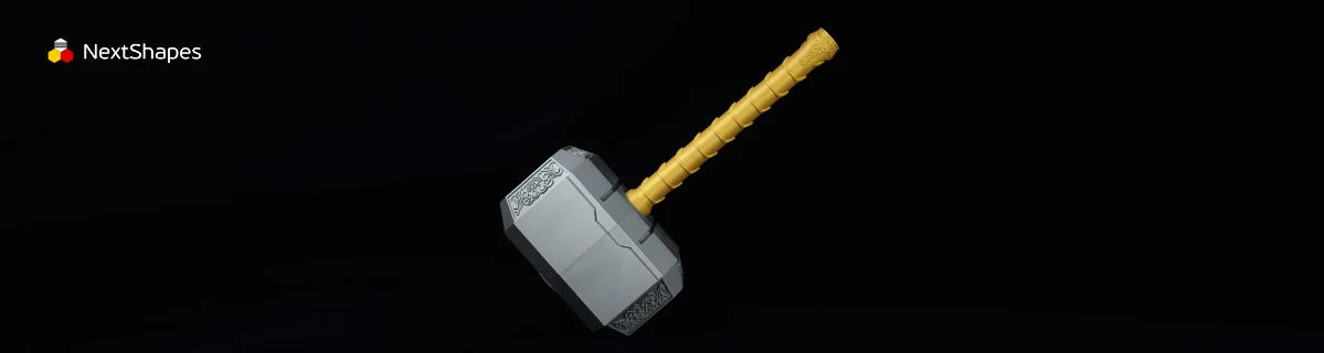 Full view of 3D printed Thor's Hammer (Mjolnir) made with NextShapes Standard PLA filament, highlighting smooth surface finish, precise dimensional accuracy, and durable toughness for cosplay props