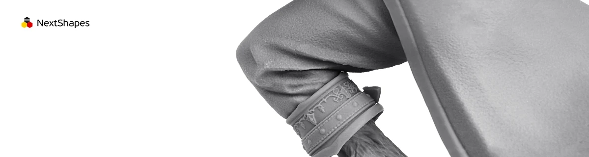Close-up of 3D printed werewolf character's clothing details made with NextShapes Standard Pro Rigid Resin, highlighting intricate fabric folds, decorative cuff patterns, and smooth surface finish