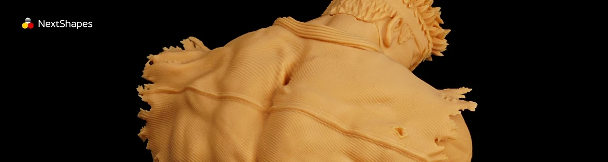 Close-up of 3D printed fighter sculpture's back details made with NextShapes High Resolution 8K Pro Red Ceramic Resin, highlighting intricate muscle and clothing textures, excellent strength, and crack resistance