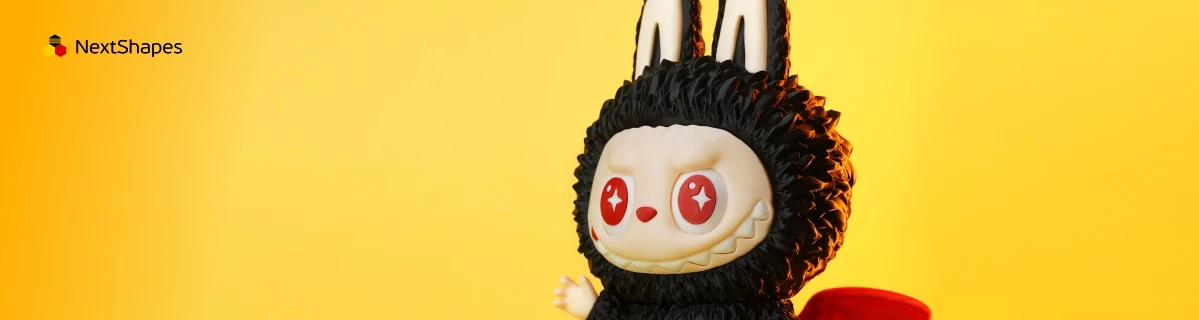 Display of 3D printed black Labubu figure made with NextShapes Standard PLA filament, highlighting vibrant color consistency, crisp character details, and eco-friendly biodegradable material