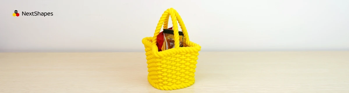 Display of 3D printed yellow woven basket made with NextShapes Standard PLA filament, highlighting smooth surface texture, tangle-free feeding, and zero clogging during long prints