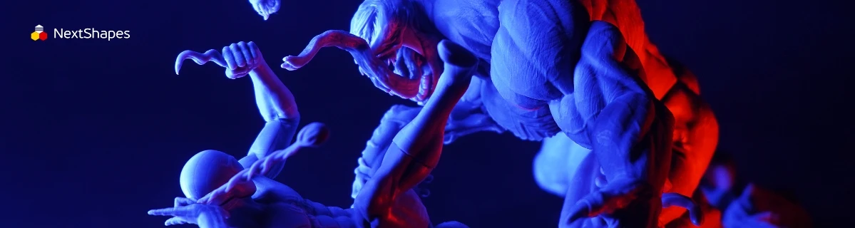 Detail view of 3D printed Spider-Man vs Venom battle scene made with NextShapes Standard Pro Rigid Resin, highlighting intricate character textures, precise feature reproduction, and resistance to compression and tension