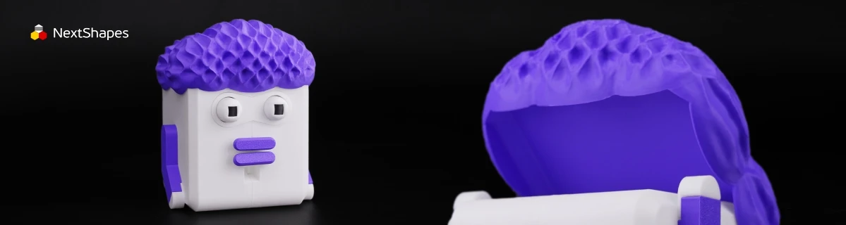Detail view of 3D printed cartoon block figure made with NextShapes Standard PLA filament, highlighting precise texture reproduction, tangle-free feeding, and reliable long-print stability