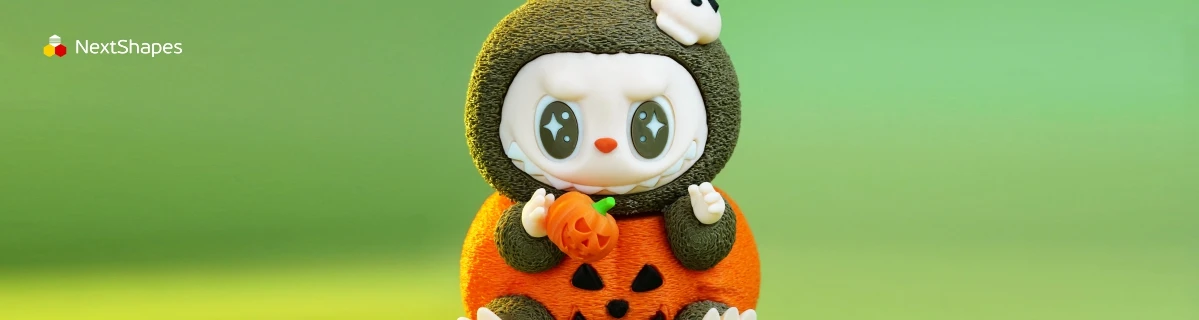 Full view of 3D printed Labubu pumpkin figure made with NextShapes Standard PLA filament, highlighting zero clogging, high dimensional accuracy, and eco-friendly biodegradable material