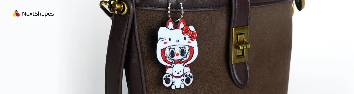Bag display of 3D printed Labubu collaboration charm made with NextShapes Standard PLA filament, highlighting clog-free long printing, consistent quality, and charming decorative effect