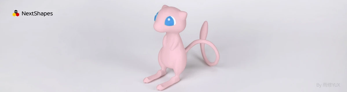 Full view of 3D printed Mew figure made with NextShapes Standard PLA filament, highlighting precise detail reproduction, seamless assembly, and stable batch printing performance