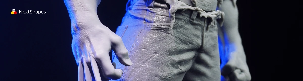 Close-up detail view of 3D printed Wolverine figure (hand and torn pants) made with NextShapes Standard Pro resin, highlighting smooth surface, realistic fabric texture, and fine dimensional accuracy
