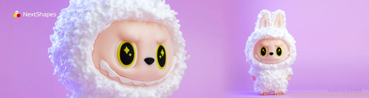 Detail and full view of 3D printed Labubu figures made with NextShapes Standard PLA filament, highlighting precise dimensional accuracy, tangle-free feeding, and reliable clog-free performance
