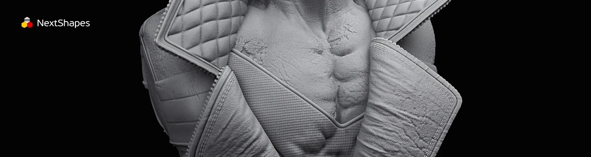 Detail view of 3D printed game character torso texture made with NextShapes Standard Pro Rigid Resin, highlighting balanced strength, toughness, and precise reproduction of fabric and muscle details