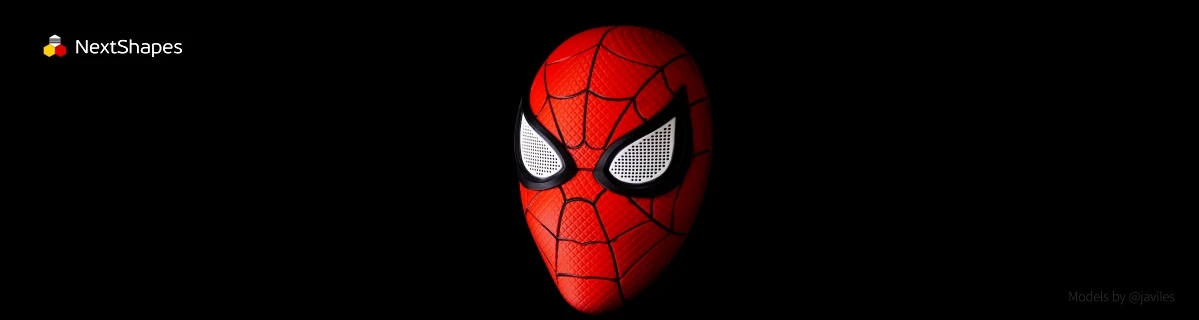 Full view of 3D printed Spider-Man mask made with NextShapes Standard PLA filament, highlighting high dimensional accuracy, clog-free high-speed printing, and eco-friendly biodegradable material
