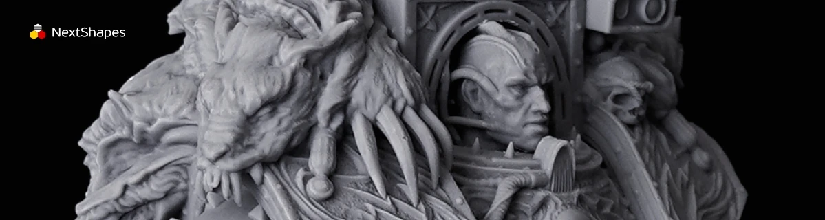 Close-up of 3D printed fantasy warrior statue's intricate details made with NextShapes Standard Pro Rigid Resin, highlighting high impact resistance, precise texture reproduction, and professional-level quality