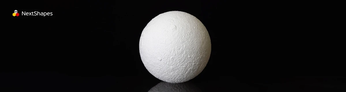 Detail display of 3D printed moon model made with NextShapes Standard PLA filament, highlighting smooth extrusion, tangle-free feeding, and precise texture reproduction
