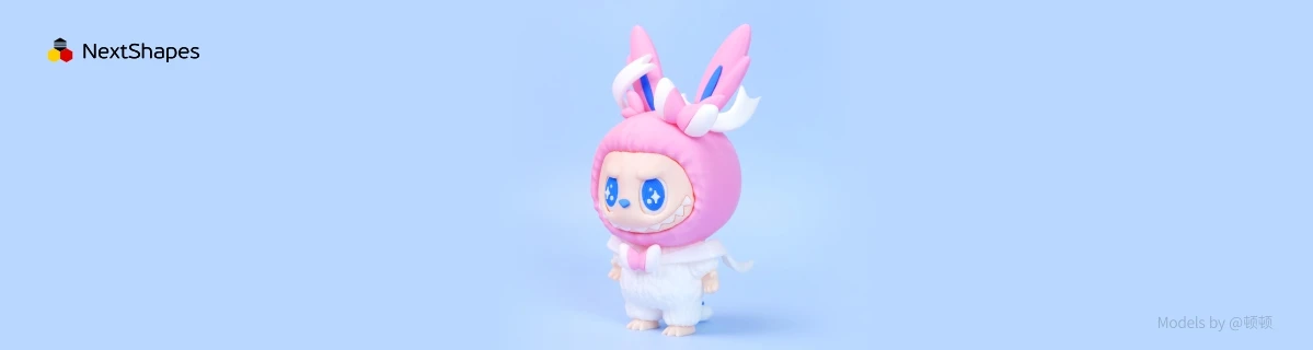 Full view of 3D printed Sylveon Labubu figure made with NextShapes Standard PLA filament, highlighting balanced toughness, high dimensional accuracy, and seamless fusion of character designs for custom collectibles