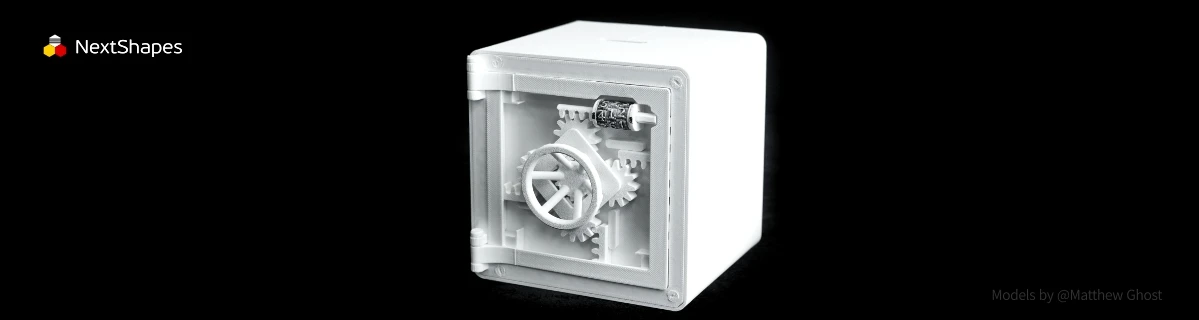 Display of 3D printed safe model with internal gear mechanism made with NextShapes Standard PLA filament, highlighting high melt flow, 450mm/s high-speed printing capability, and eco-friendly biodegradable material