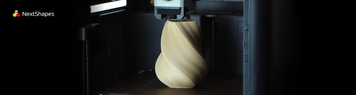 In-progress printing view of 3D printed spiral vase made with NextShapes Standard PLA filament, highlighting stable extrusion, optimized melt flow, and reliable clog-free operation