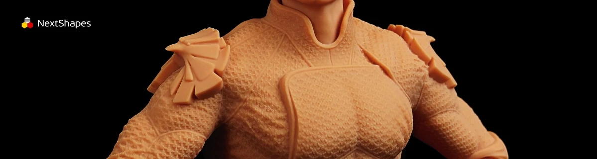Close-up of 3D printed muscle warrior statue's armor details made with NextShapes High Resolution 12K Pro Red Ceramic Resin, highlighting precise texture rendering, non-reflective surface, and high hardness