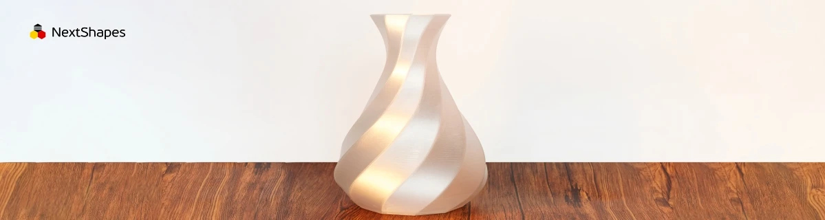 Detail display of 3D printed single twisted vase made with NextShapes PETG filament, highlighting low warpage, water resistance, and dimensional stability