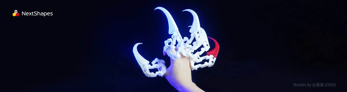 Detail view of 3D printed articulated claw gauntlet made with NextShapes Standard PLA filament, highlighting crack resistance, precise assembly fit, and fine detail reproduction