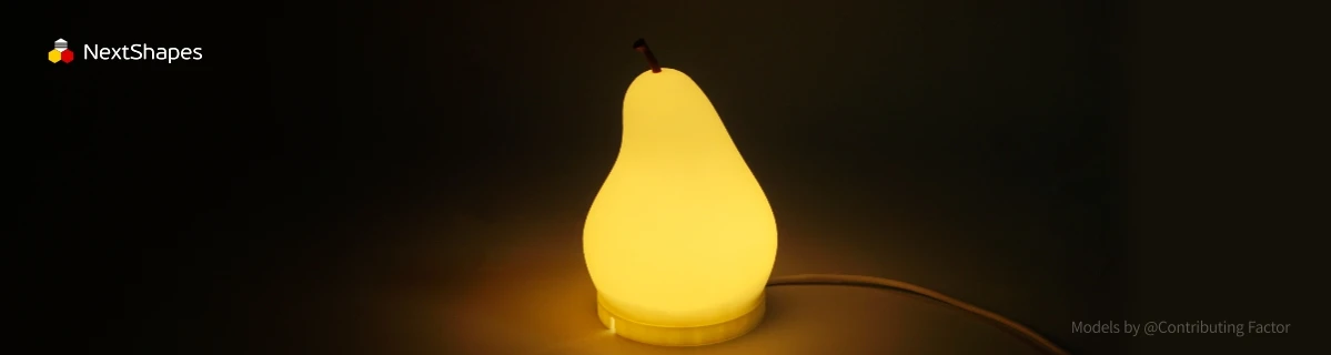 Lit effect display of 3D printed pear-shaped lamp made with NextShapes Standard PLA filament, highlighting consistent color, excellent flow, and eco-friendly sustainable material