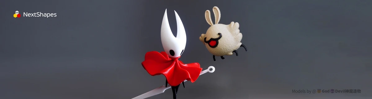 Dual-character set display of 3D printed Hollow Knight models made with NextShapes Standard PLA filament, highlighting consistent diameter control, tangle-free feeding, and vibrant color consistency