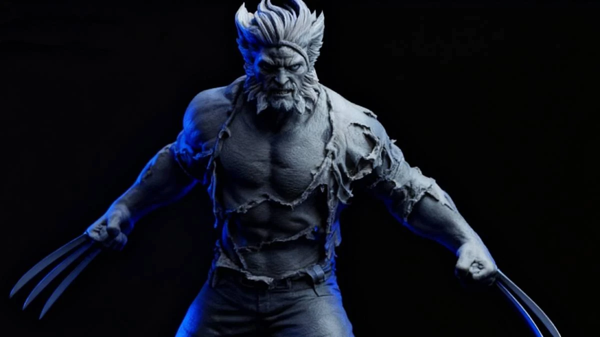 Full art display of 3D printed Wolverine model made with NextShapes Standard Pro Resin, highlighting high strength, low shrinkage, and precise detail reproduction