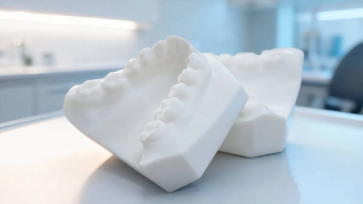 Close-up of 3D printed dental model made with NextShapes Precision Stone, highlighting fine detail reproduction of cusps, ridges, and gingival contours, plus high heat resistance