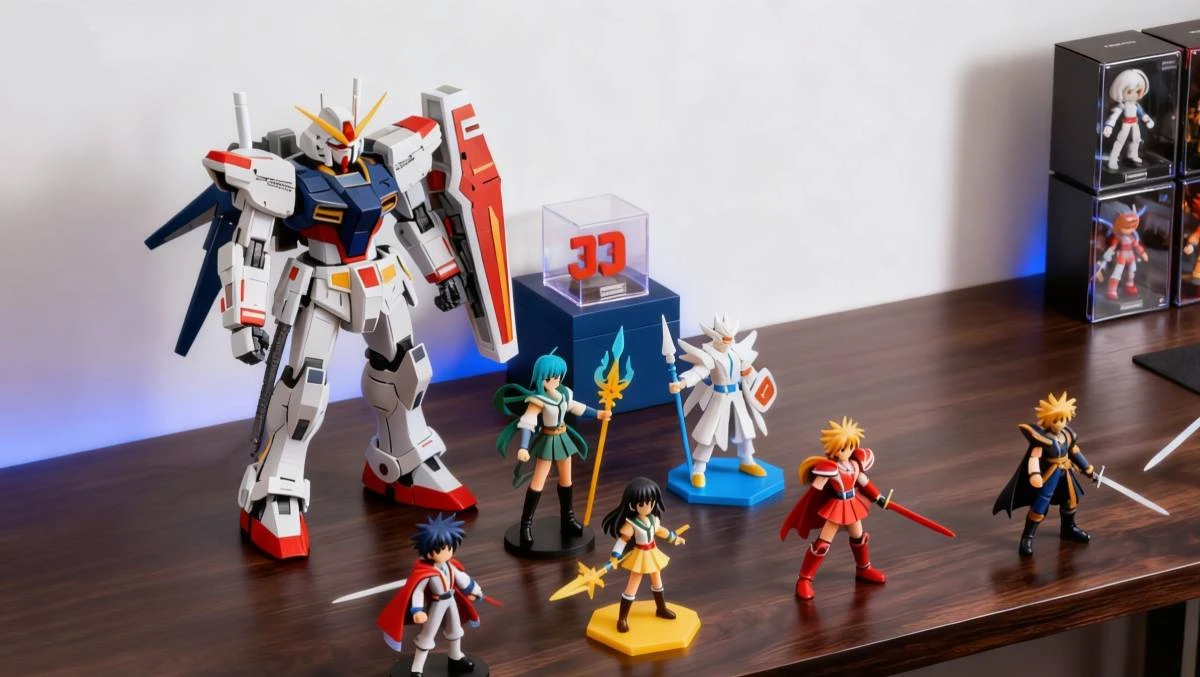 Array display of 3D printed Gundam and multi-IP figurines made with NextShapes Standard PLA filament, showcasing clean edges, uniform color, and reliable assembly fit