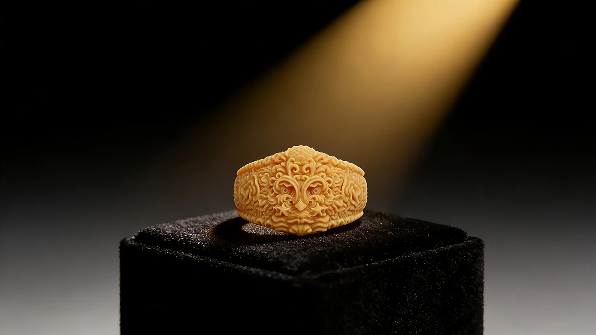 Detail display of 3D printed lion-carved ring made with NextShapes High Resolution 8K Pro Red Wax Resin, showcasing precise relief carving and high mechanical strength