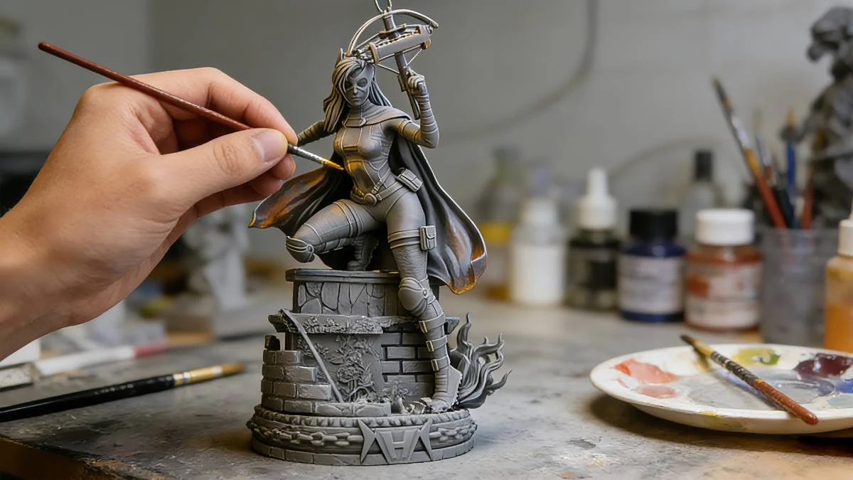 Paint testing view of 3D printed female warrior figure made with NextShapes Standard Pro Resin, showcasing minimal sanding requirement and paint compatibility