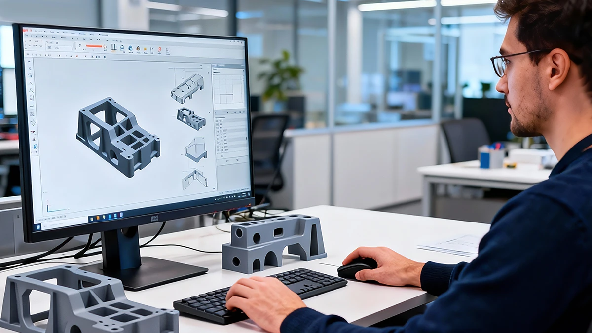 Scene of engineer conducting 3D modeling and functional prototype validation with NextShapes Precision ABS, demonstrating agile design-print-test workflow