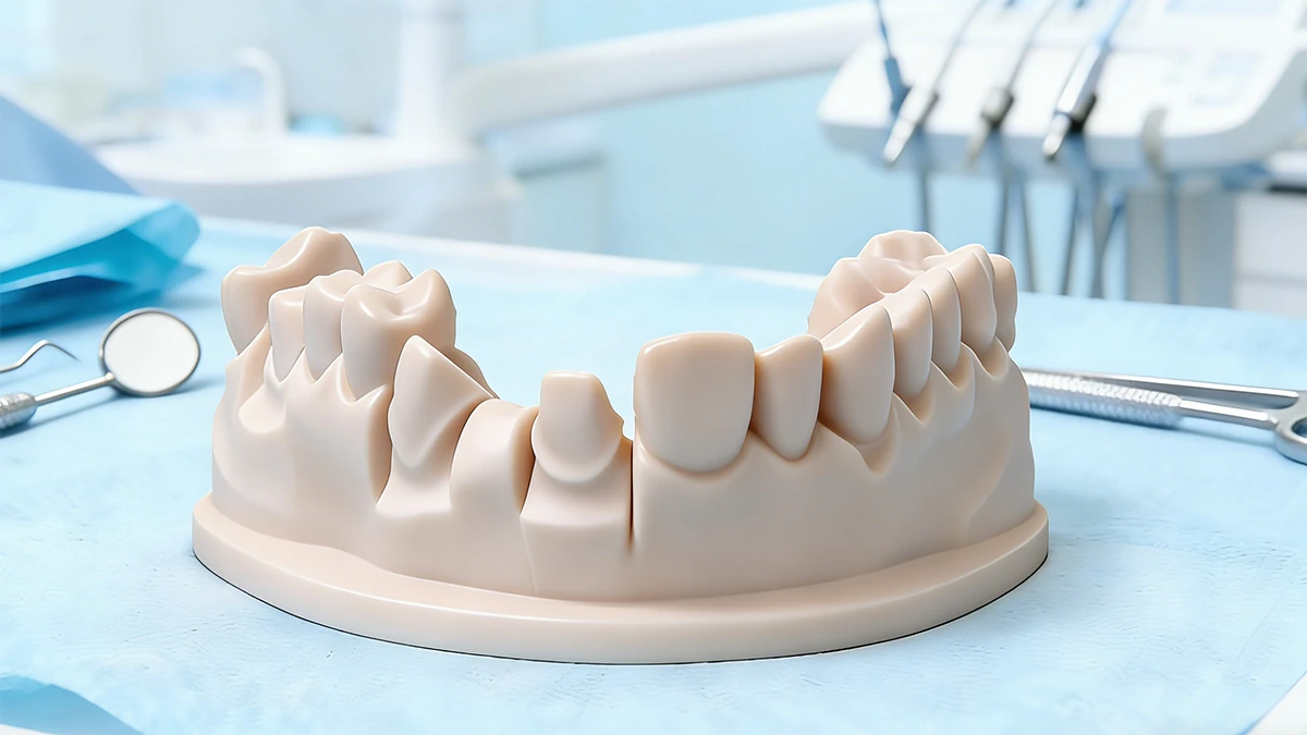 Detail display of 3D printed maxillary arch model made with NextShapes Dental Model Resin, showcasing clear marginal details and dimensional stability