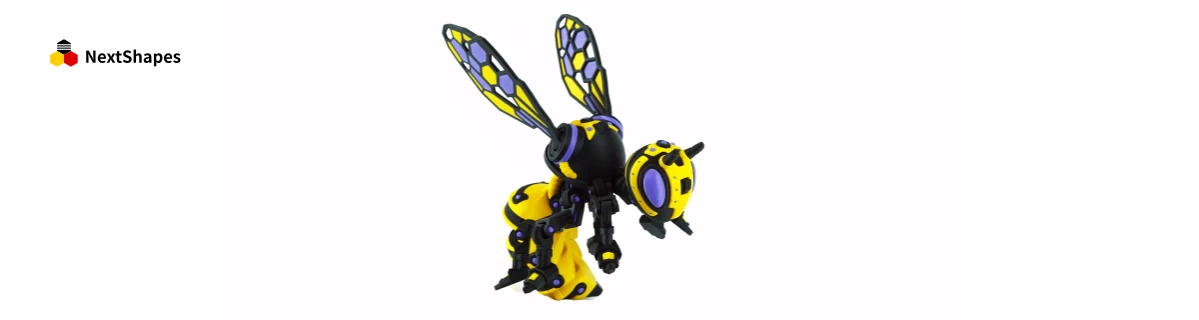 Side/dynamic view of a 3D printed mechanical bee model made with NextShapes Standard PLA filament, highlighting its durable, crack-resistant structure and precise articulation, ideal for showcasing the filament's strength and toughness