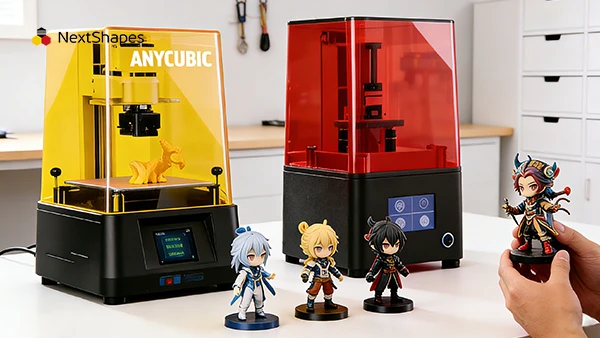 Display of desktop SLA printers and anime figures made with NextShapes Standard Pro Resin, showcasing unified workflow for prototype and figurine production