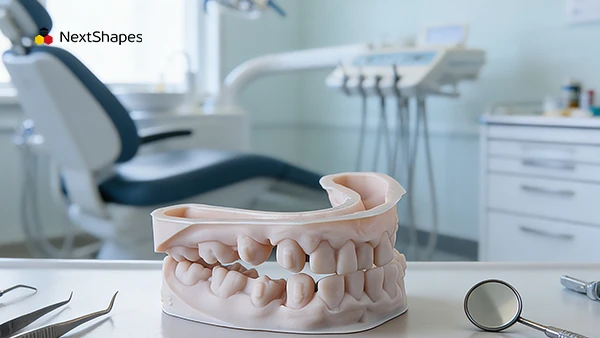 Clinical display of 3D printed full-arch dental model made with NextShapes Dental Model Resin, showcasing anatomical fidelity and skin-like color for patient communication