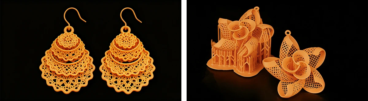 Display of 3D printed dual earring prototypes made with NextShapes HR 12K Pro Resin, showcasing consistent high-detail production