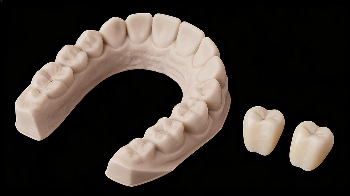Display of 3D printed mandibular arch model and single crowns made with NextShapes Dental Model Resin, demonstrating restoration fabrication base capability