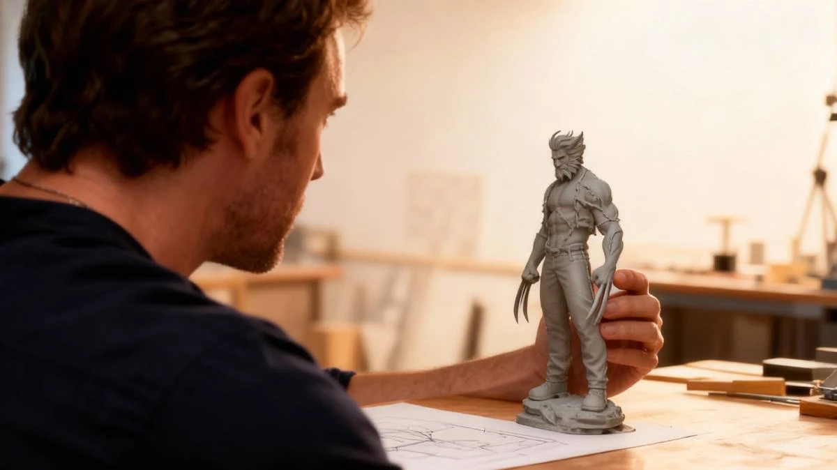 Designer inspecting 3D printed Wolverine model made with NextShapes Standard Pro Resin, showcasing smooth surface finish, lifelike muscle textures, and sharp claw details