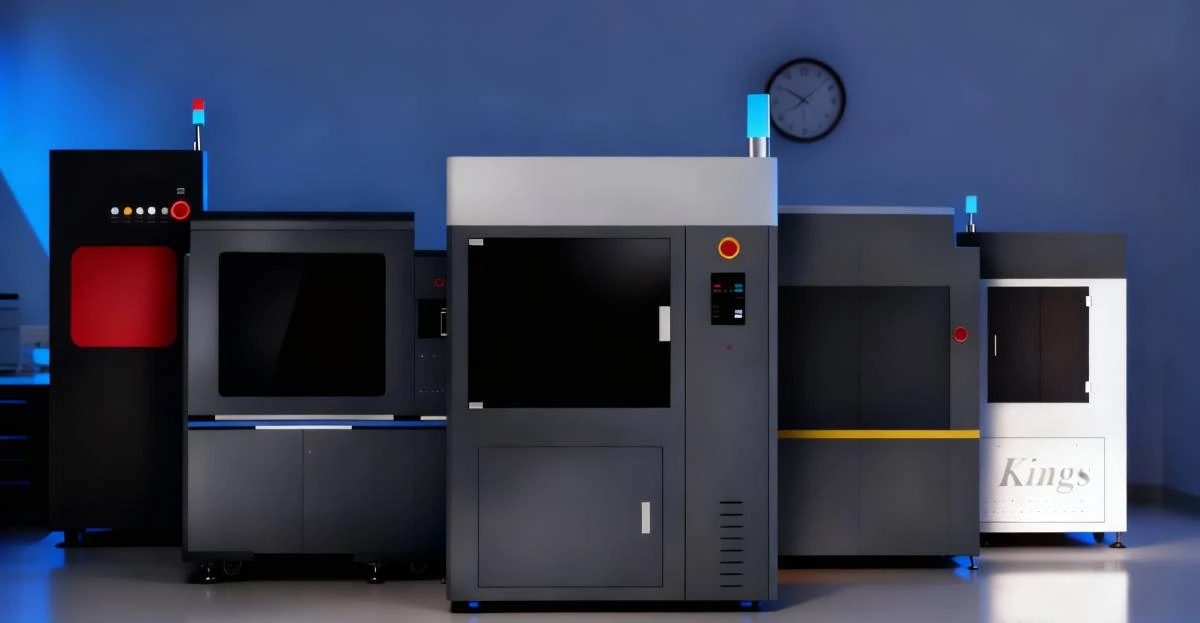 Array of SLA 3D printers used for high-volume dental model production with NextShapes Precision Stone, demonstrating scalable, automated digital workflow
