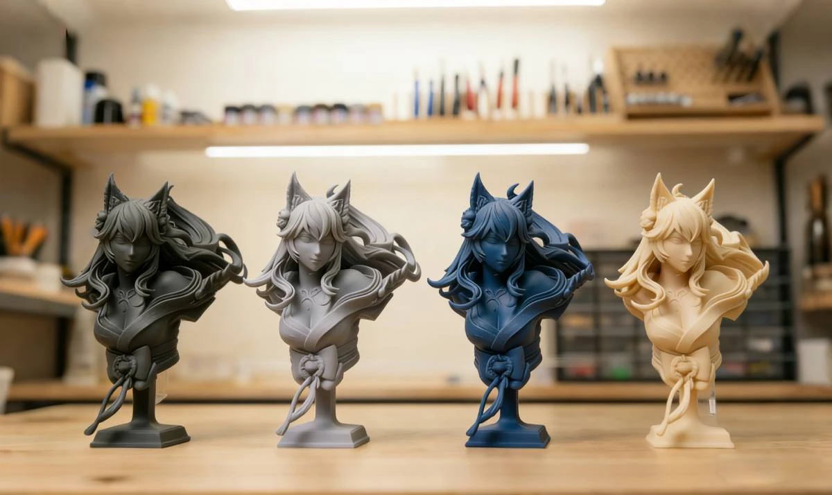 Array display of 3D printed multi-color kitsune busts made with NextShapes Standard Pro Resin, highlighting color consistency and batch production capability