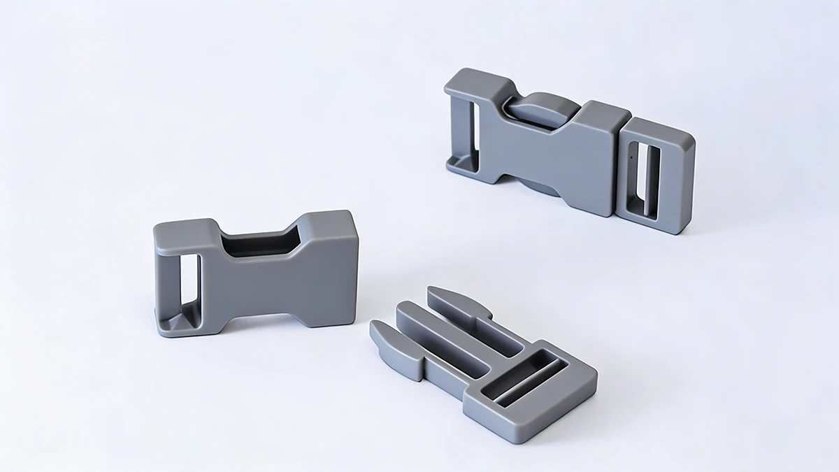 Display of 3D printed buckle component functional parts made with NextShapes Precision ABS, highlighting low-temperature toughness and assembly compatibility