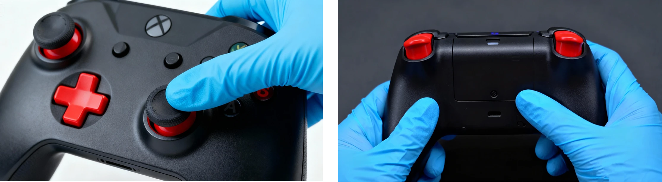 Close-up of a gloved hand operating a black 3D printed game controller prototype made with Standard Pro resin, highlighting smooth surface and precise button functionality
