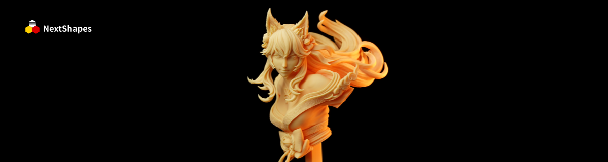 Side view of the Ahri 3D printed bust made with NextShapes Standard Pro resin, highlighting intricate hair flow, facial features, and smooth, detail-rich surfaces.