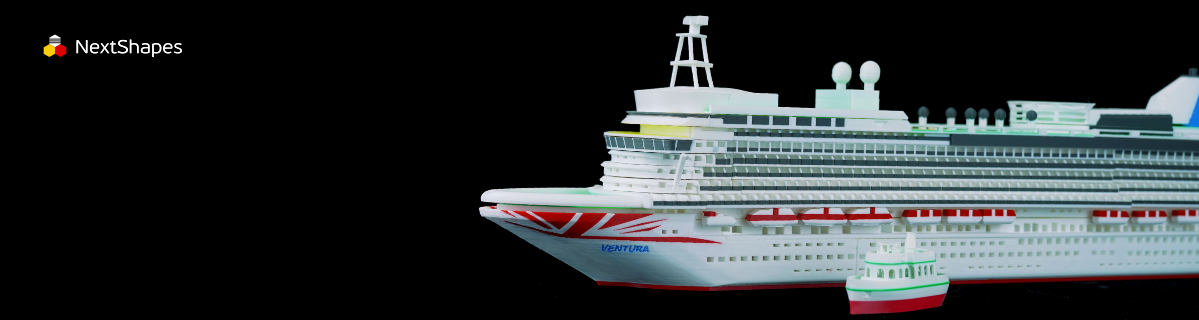 Full side view of the intricate cruise ship model 3D printed with NextShapes Standard PLA filament, highlighting multi-deck details, railings, and accurate scale achieved with high-precision, low-shrinkage filament.