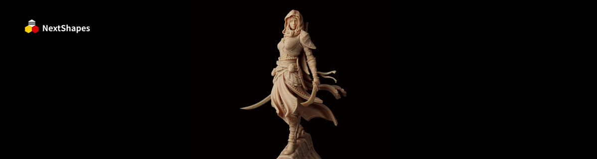 Full view of the detailed fantasy character figurine, 3D printed with NextShapes Standard Pro resin, highlighting dynamic pose, fine clothing textures, and exceptional detail reproduction.