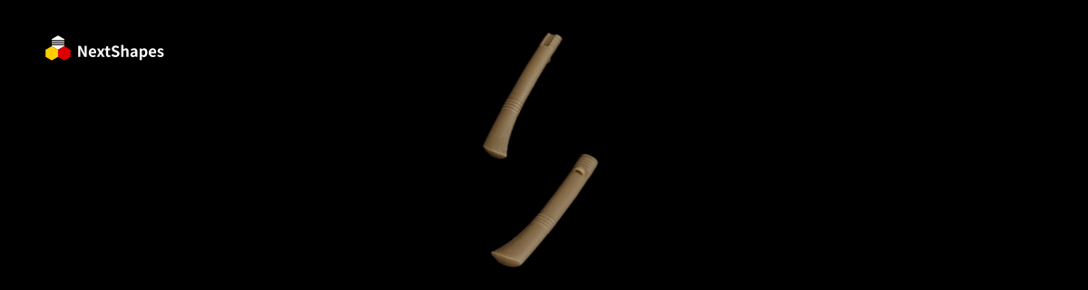 Side view of 3D printed hilt samples made with NextShapes M2300 resin, highlighting smooth surfaces, precise dimensions, and consistent quality for large production runs.