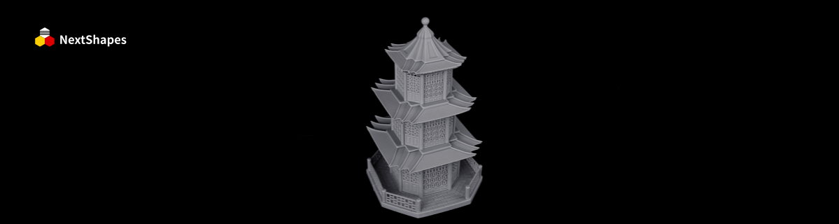 Side view of the intricate pagoda 3D print, made with NextShapes High Speed Resin, highlighting detailed tiered structures and fine surface details achieved with fast-printing resin.